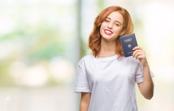 Jovem Bela Mulher Segurando Passaporte Alemanha Sobre Fundo Isolado Com — Fotografia de Stock