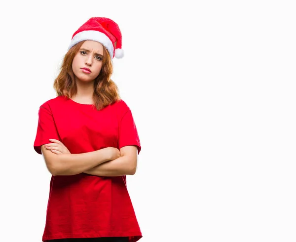 Молодая Красивая Женщина Изолированном Фоне Носит Рождественскую Шляпу Скептически Нервно — стоковое фото