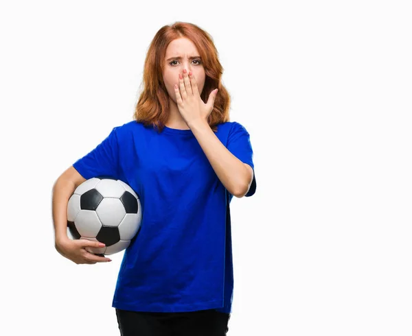 Genç Güzel Kadın Futbol Futbol Topu Kapak Ağız Hata Korku — Stok fotoğraf