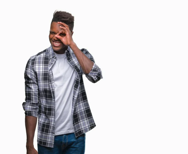 Jovem Homem Afro Americano Sobre Fundo Isolado Fazendo Gesto Com — Fotografia de Stock