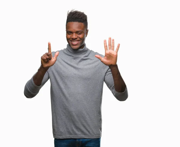 Jovem Homem Afro Americano Sobre Fundo Isolado Mostrando Apontando Para — Fotografia de Stock