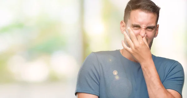 Handsome Young Casual Man Smelling Something Stinky Disgusting Intolerable Smell — Stock Photo, Image