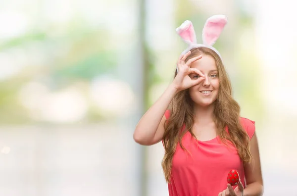 Junge Blonde Frau Trägt Osterhasenohren Mit Glücklichem Gesicht Lächelnd Tut — Stockfoto