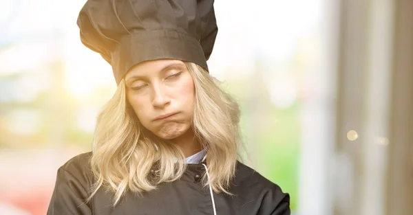 Beautiful Cook Woman Chef Sleepy Expression Being Overworked Tired — Stock Photo, Image