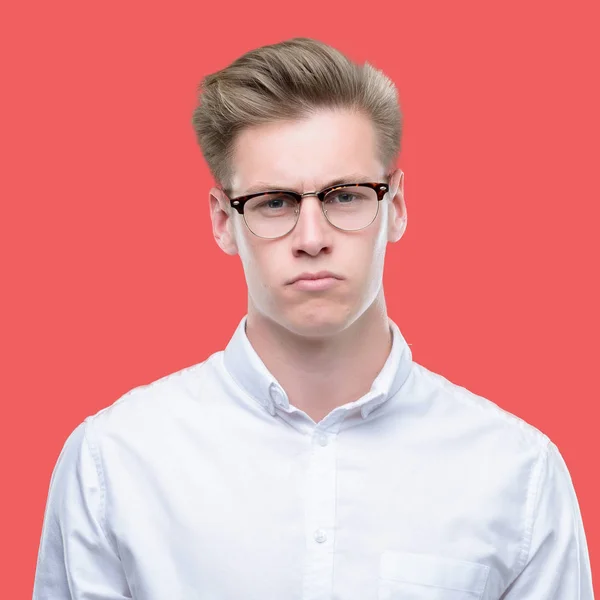 Young Handsome Blond Man Skeptic Nervous Frowning Upset Because Problem — Stock Photo, Image