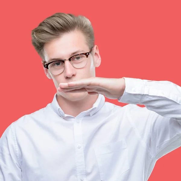 Young Handsome Blond Man Gesturing Hands Showing Big Large Size — Stock Photo, Image
