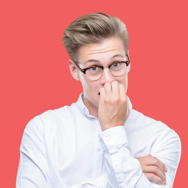 Young Handsome Blond Man Looking Stressed Nervous Hands Mouth Biting — Stock Photo, Image