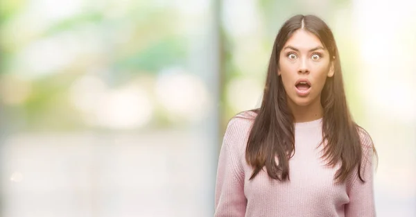 Young Beautiful Hispanic Woman Wearing Sweater Afraid Shocked Surprise Expression — Stock Photo, Image