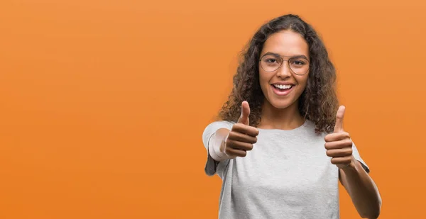 Beautiful Young Hispanic Woman Wearing Glasses Approving Doing Positive Gesture — Stock Photo, Image