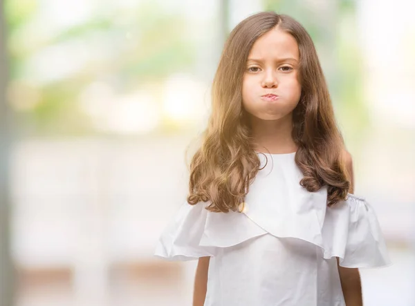 Brunette Hispanic Girl Puffing Cheeks Funny Face Mouth Inflated Air — Stock Photo, Image