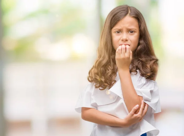 Brunette Hispanic Girl Looking Stressed Nervous Hands Mouth Biting Nails — Stock Photo, Image