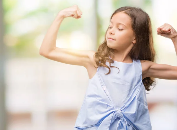 Brunette Hispanic Girl Showing Arms Muscles Smiling Proud Fitness Concept — Stock Photo, Image