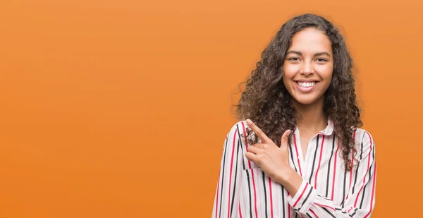 Beautiful Young Hispanic Woman Cheerful Smile Face Pointing Hand Finger — Stock Photo, Image
