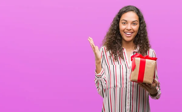Young Hispanic Woman Love Holding Present Very Happy Excited Winner — Stock Photo, Image