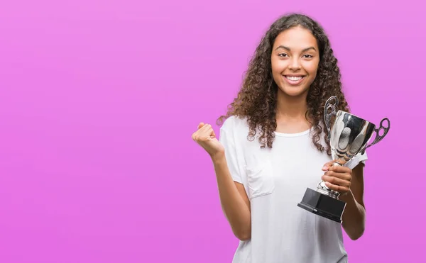 Young Hispanic Woman Holding Trophy Screaming Proud Celebrating Victory Success — Stock Photo, Image