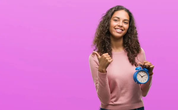 Young Hispanic Woman Holding Alarm Clock Happy Big Smile Doing — Stock Photo, Image