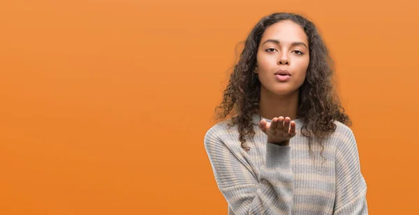 Beautiful Young Hispanic Woman Wearing Stripes Sweater Looking Camera Blowing — Stock Photo, Image