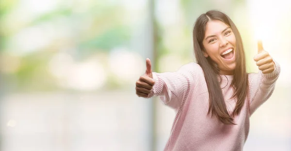 Young Beautiful Hispanic Woman Wearing Sweater Approving Doing Positive Gesture — Stock Photo, Image
