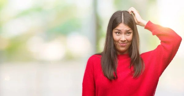 Giovane Bella Ispanico Indossa Maglione Rosso Confondere Interrogare Incerto Con — Foto Stock