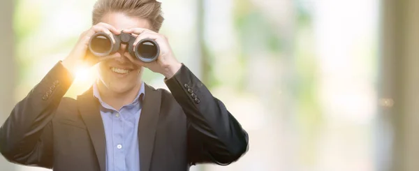 Young Handsome Blond Man Looking Binoculars Happy Face Standing Smiling — Stock Photo, Image