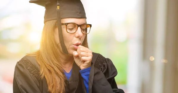 Estudante Pós Graduação Mulher Doente Tosse Sofrendo Asma Bronquite Conceito — Fotografia de Stock