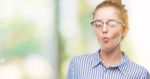 Young Blonde Business Woman Making Fish Face Lips Crazy Comical — Stock Photo, Image