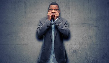 African black man wearing jacket terrified and nervous expressing anxiety and panic gesture, overwhelmed clipart