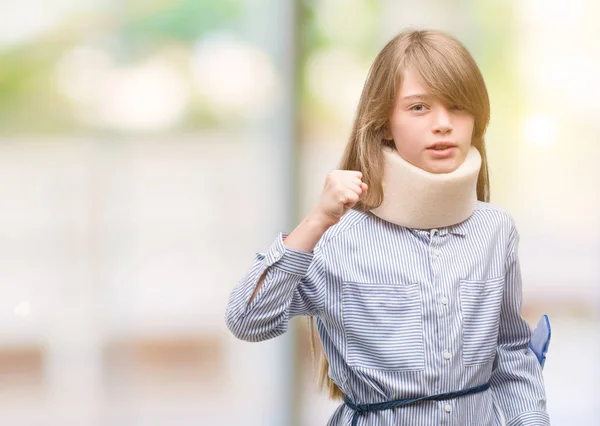 Young Blonde Child Injured Wearing Neck Collar Crutches Annoyed Frustrated — Stock Photo, Image