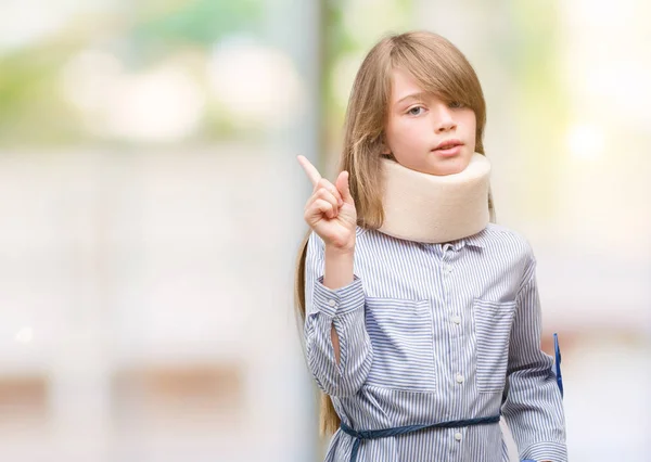 Young Blonde Child Injured Wearing Neck Collar Crutches Very Happy — Stock Photo, Image