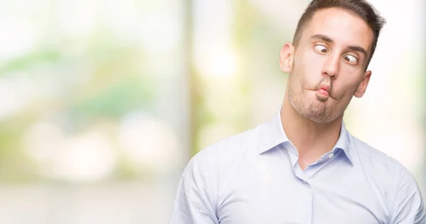 Handsome Young Businessman Making Fish Face Lips Crazy Comical Gesture — Stock Photo, Image