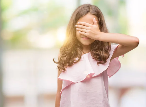 Brunette Hispanic Girl Wearing Pink Dress Smiling Laughing Hand Face — Stock Photo, Image