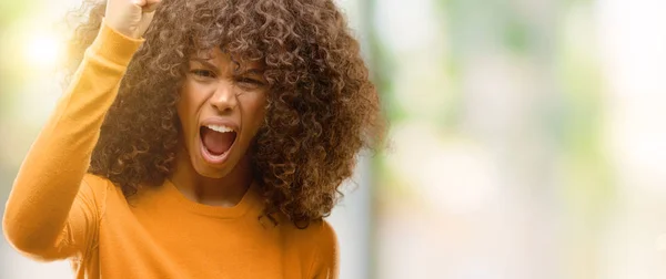 African American Woman Pizza Slice Annoyed Frustrated Shouting Anger Crazy — Stock Photo, Image