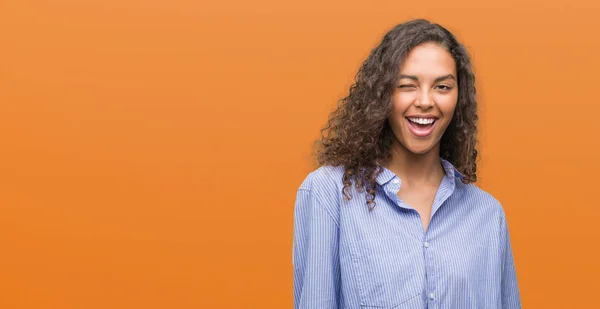 Young Hispanic Business Woman Winking Looking Camera Sexy Expression Cheerful — Stock Photo, Image