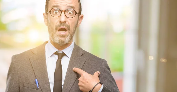 Lehrer Mann Mit Brille Glücklich Und Überrascht Jubelnden Ausdruck Wow — Stockfoto