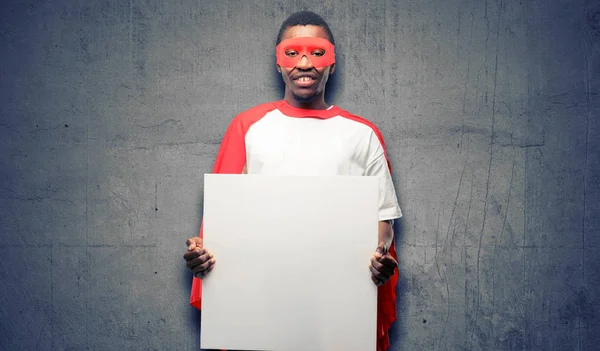 Super Héros Noir Africain Tenant Une Bannière Publicitaire Vierge Bonne — Photo