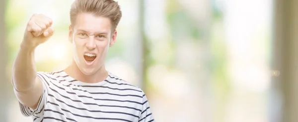 Young Handsome Blond Man Holding Soccer Ball Annoyed Frustrated Shouting — Stock Photo, Image