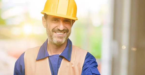 Senior Engineer Man Construction Worker Holds Hands Welcoming Handshake Pose — Stock Photo, Image