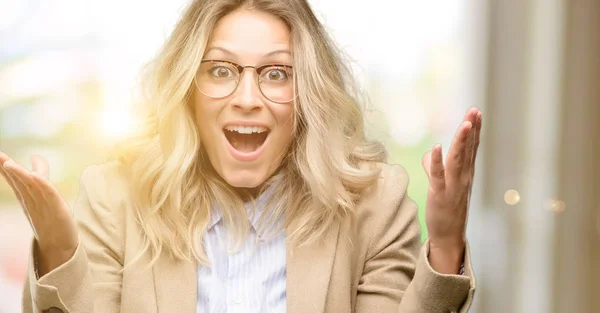 Young Beautiful Woman Happy Surprised Cheering Expressing Wow Gesture — Stock Photo, Image