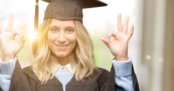 Young Graduate Woman Doing Sign Gesture Both Hands Expressing Meditation — Stock Photo, Image