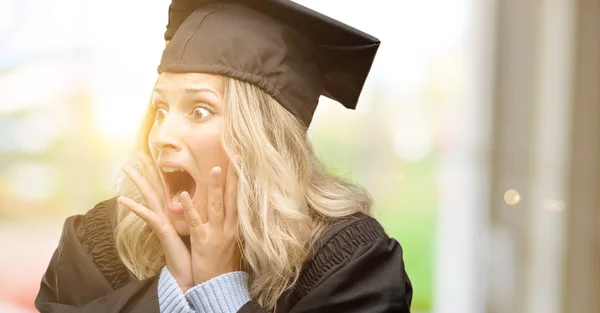 Young Graduate Woman Stressful Keeping Hands Head Terrified Panic Shouting — Stock Photo, Image