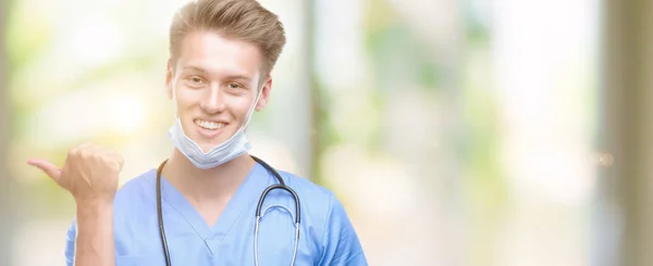 Young Handsome Blond Doctor Pointing Hand Finger Happy Face Smiling — Stock Photo, Image