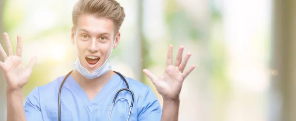 Young Handsome Blond Doctor Very Happy Excited Winner Expression Celebrating — Stock Photo, Image