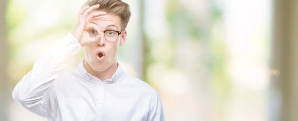 Young Handsome Blond Man Doing Gesture Shocked Surprised Face Eye — Stock Photo, Image