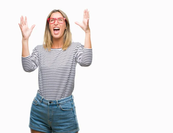 Jovem Mulher Bonita Vestindo Óculos Sobre Fundo Isolado Louco Louco — Fotografia de Stock