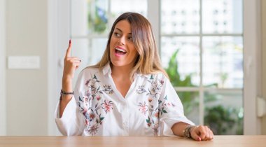 Bir fikir ya da soru işaret parmağı ile mutlu yüz genç kadın evde şaşırttı, number one