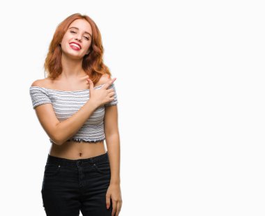 İzole arka neşeli bir gülümseme ile el ve parmak kadar kameraya bakarak yüzündeki mutlu ve doğal ifade ile yan ile işaret yüz genç güzel kadın.