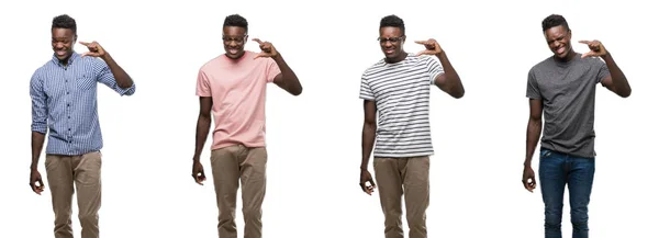 Koláž Afrických Amerických Muž Různé Oblečení Usmíval Jistý Ukázal Rukou — Stock fotografie