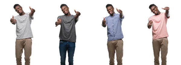 Colagem Homem Afro Americano Vestindo Roupas Diferentes Aprovando Fazer Gesto — Fotografia de Stock