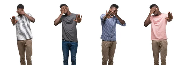 Colagem Homem Afro Americano Vestindo Roupas Diferentes Cobrindo Olhos Com — Fotografia de Stock