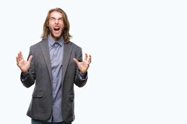 Young Handsome Business Man Long Hair Isolated Background Crazy Mad — Stock Photo, Image
